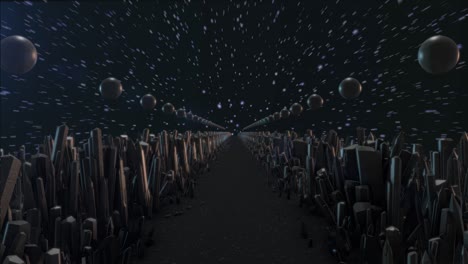 a road on another planet. perspective. the runway. stars, meteorites, asteroids. space. fantasy. the span over the strip diamonds stones
