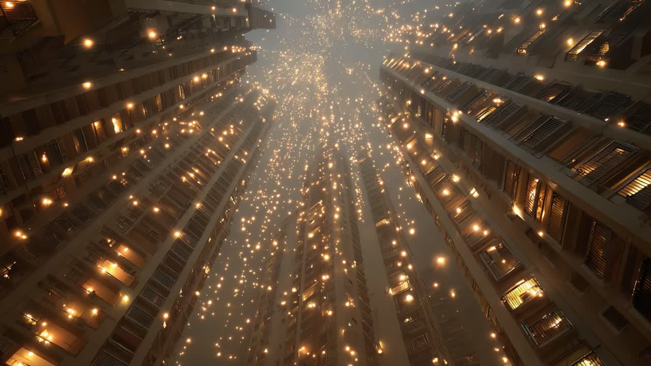 A Stunning View of Glimmering Lights Stretching Upward from a Towering Urban Landscape, Capturing the Magic of City Life and Nighttime Wonders in a Vertical Perspective