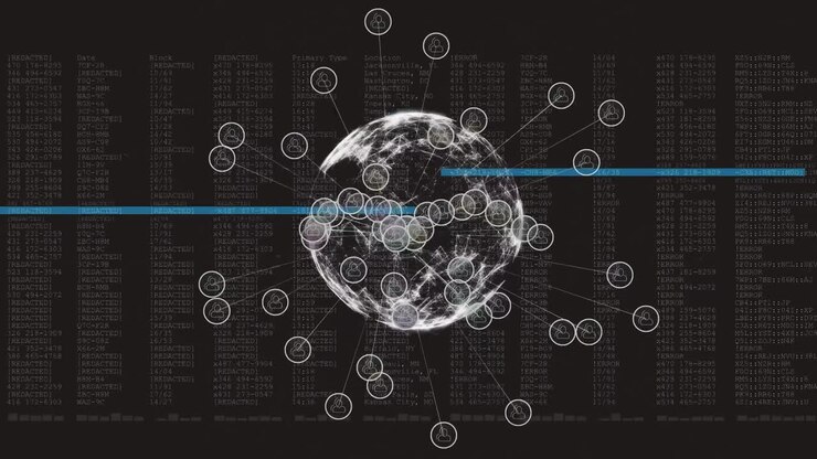 Animation of profile icons over spinning globe and data processing against black background