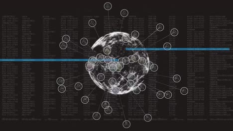 Animation-Von-Profilsymbolen-über-Einem-Sich-Drehenden-Globus-Und-Datenverarbeitung-Vor-Schwarzem-Hintergrund