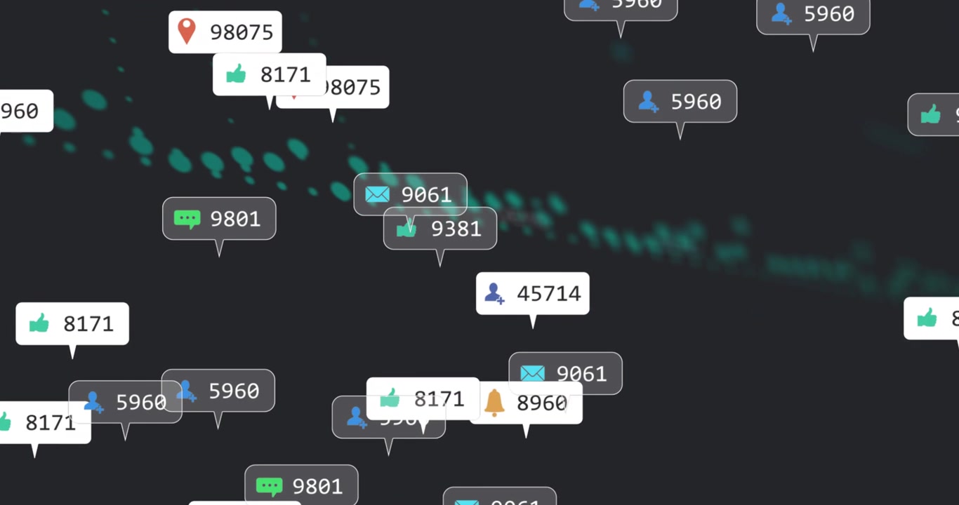 Icone di notifica dei social media fluttuanti su sfondo di dati digitali