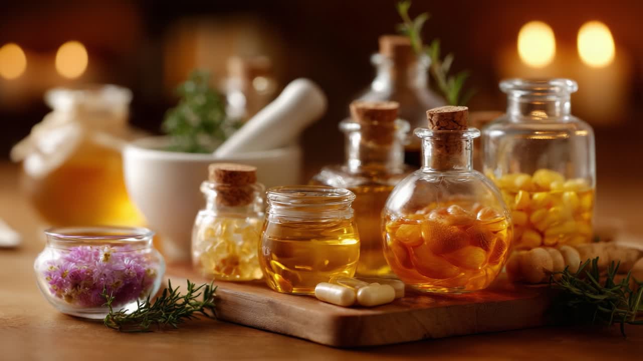 En smuk fremvisning af naturlige olier og urteingredienser, der viser aromaterapi og holistisk velvære, perfekt til at fremme mindfulness og afslapning