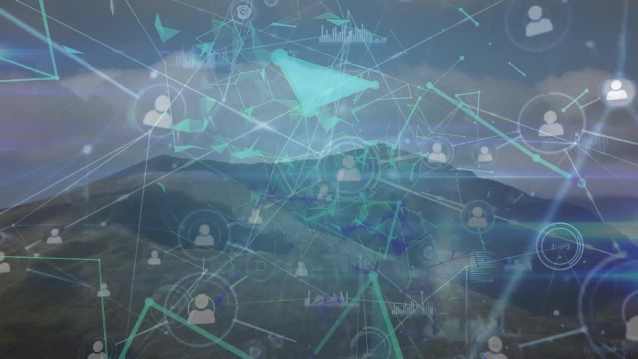 animación de la red de conexiones con iconos sobre el paisaje