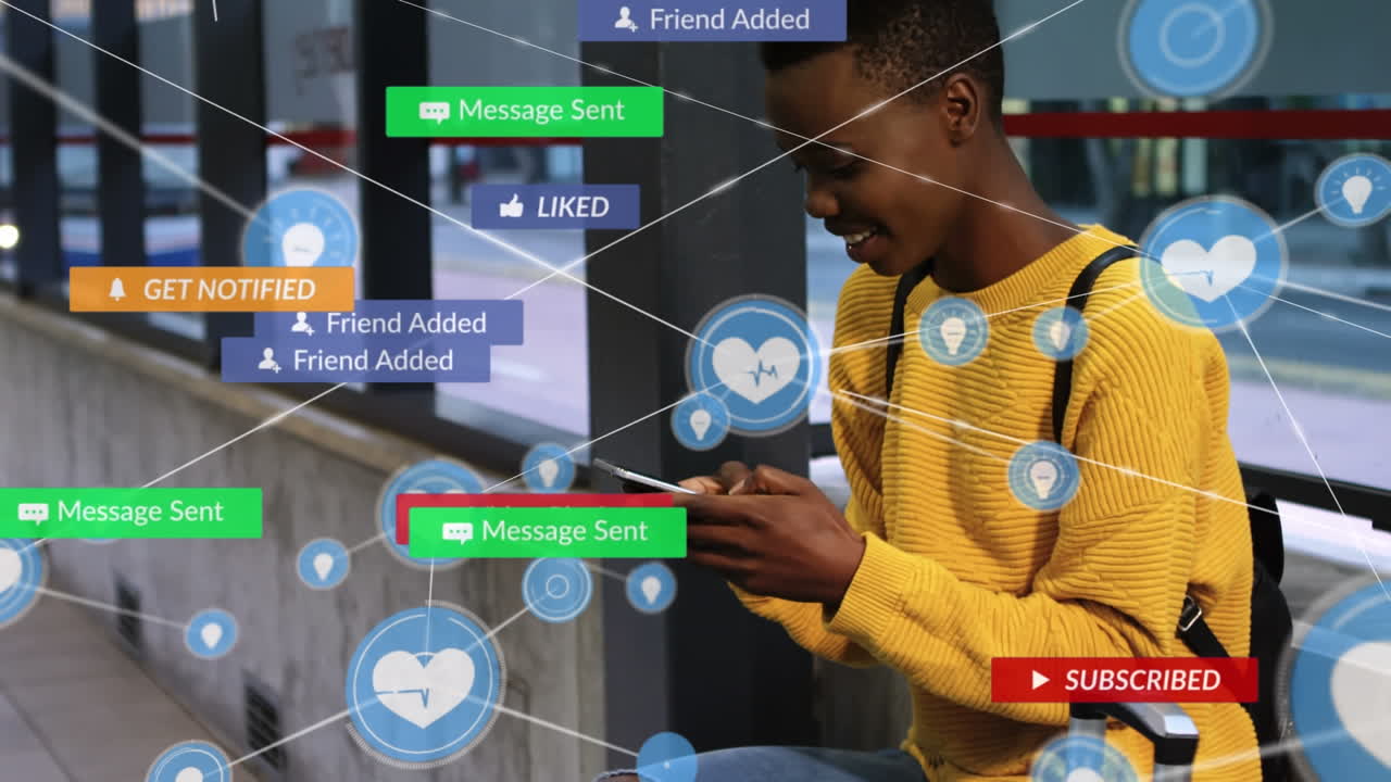 Animation of digital, social media icons over african american woman using smartphone at bus stand