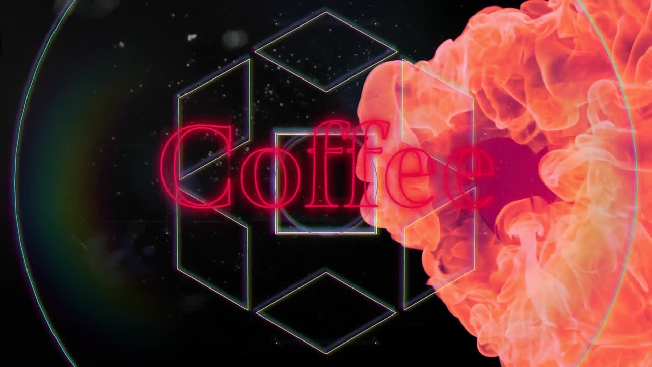 animación del texto del café en neón rojo sobre formas de línea en movimiento y fuego en negro