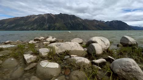 rocks at the shore of lake tekapo, new zealand with rugged mountain in background