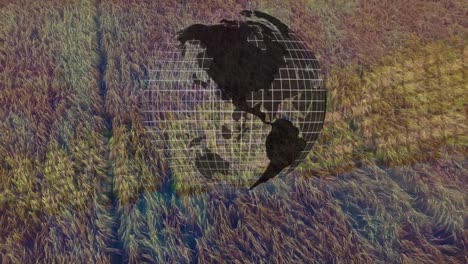 Animation-Der-Globus--Und-Finanzdatenverarbeitung-über-Dem-Agrarfeld