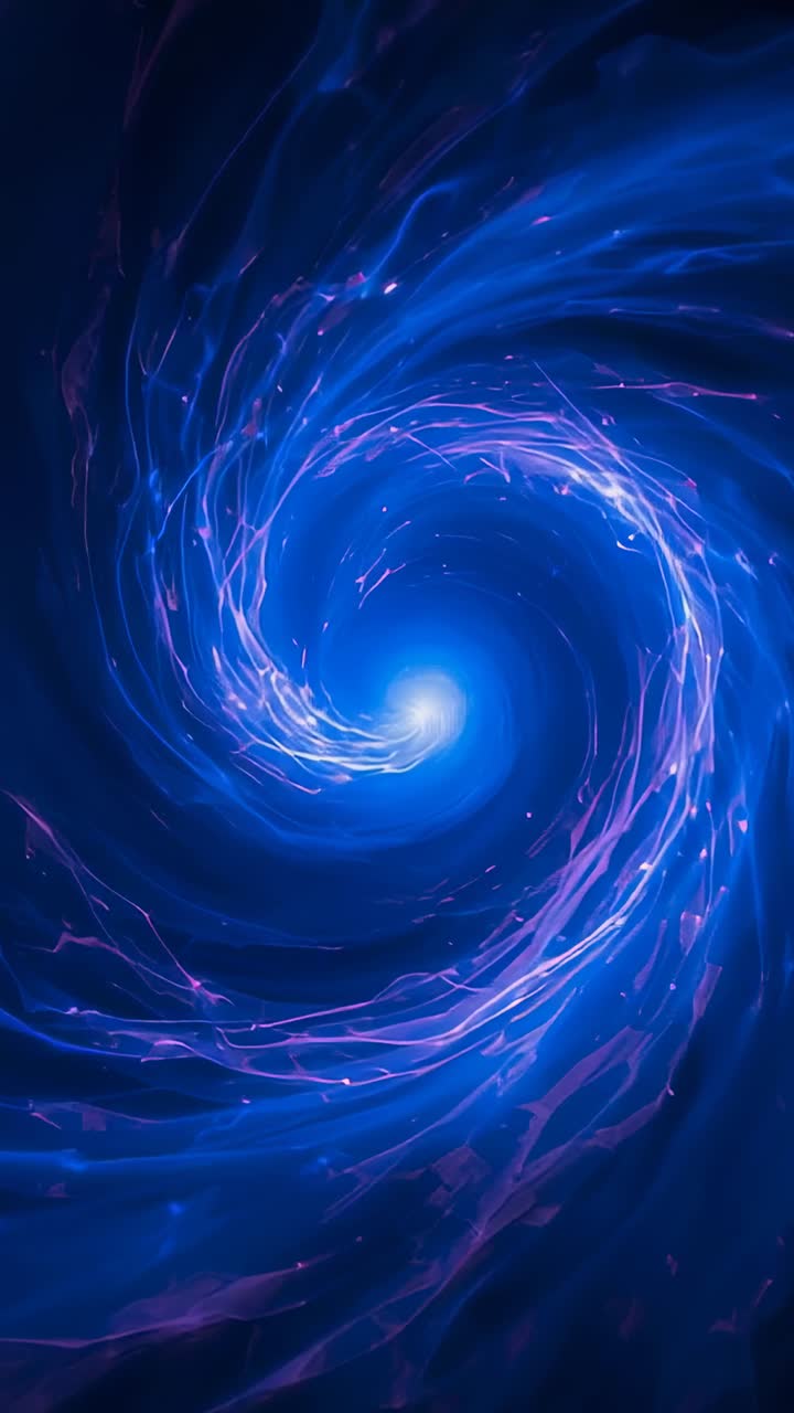 Vertical video: Rotating spiral pulsing core, pulling purple filaments and sparks inward in space