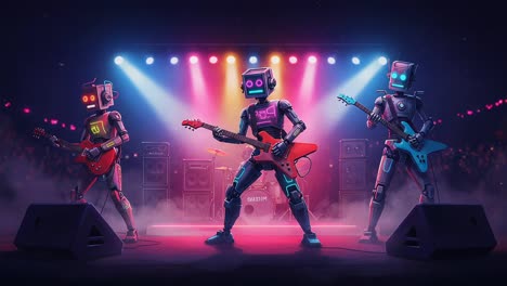 a futuristic rock band of robots enthralls the audience with their electrifying performance, showcasing vibrant lights and high-energy music on stage