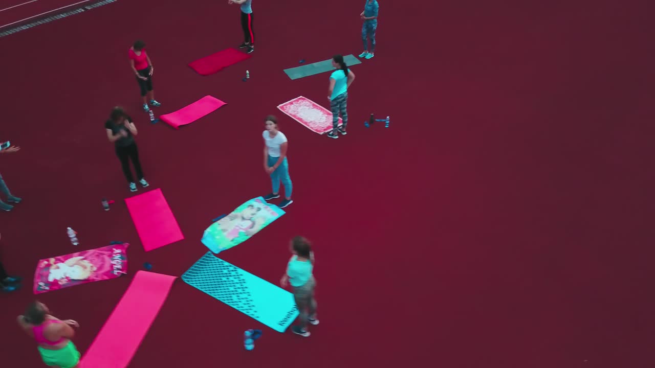 Group of girls working out. Aerial view of sports people training outdoors