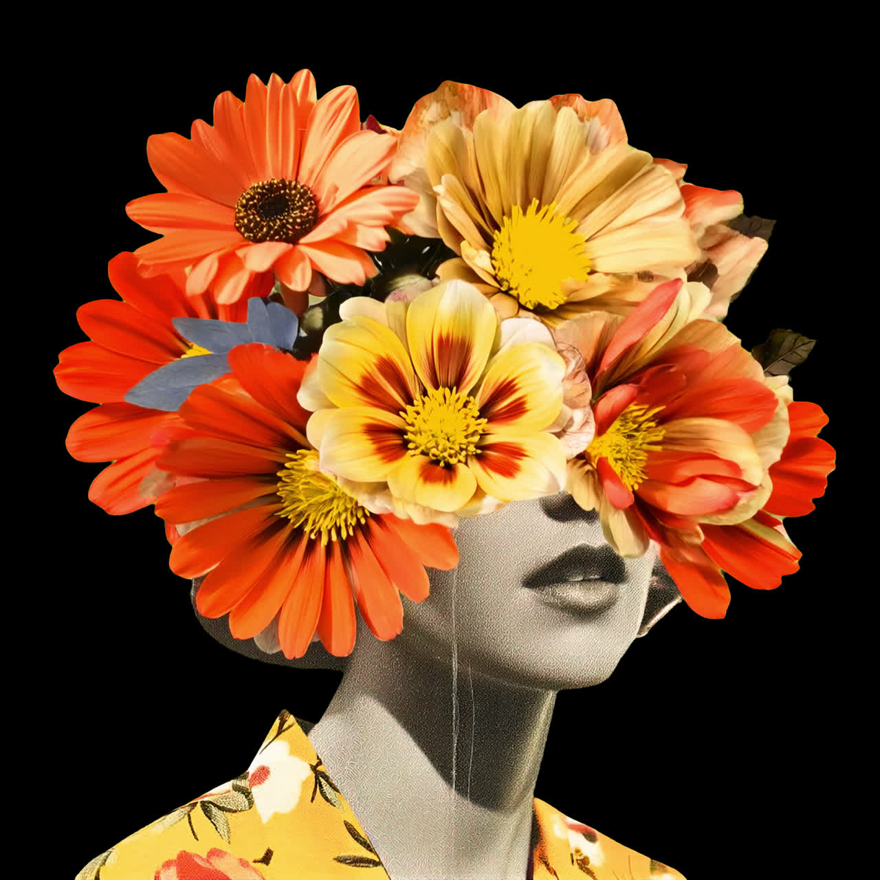 Vintage floral head collage animation isolated asset, transparent 4K video, alpha channel, ProRes