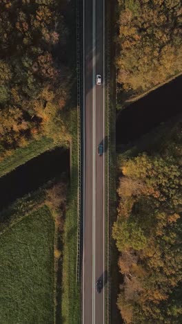 aerial view of a road crossing a bridge through a forest