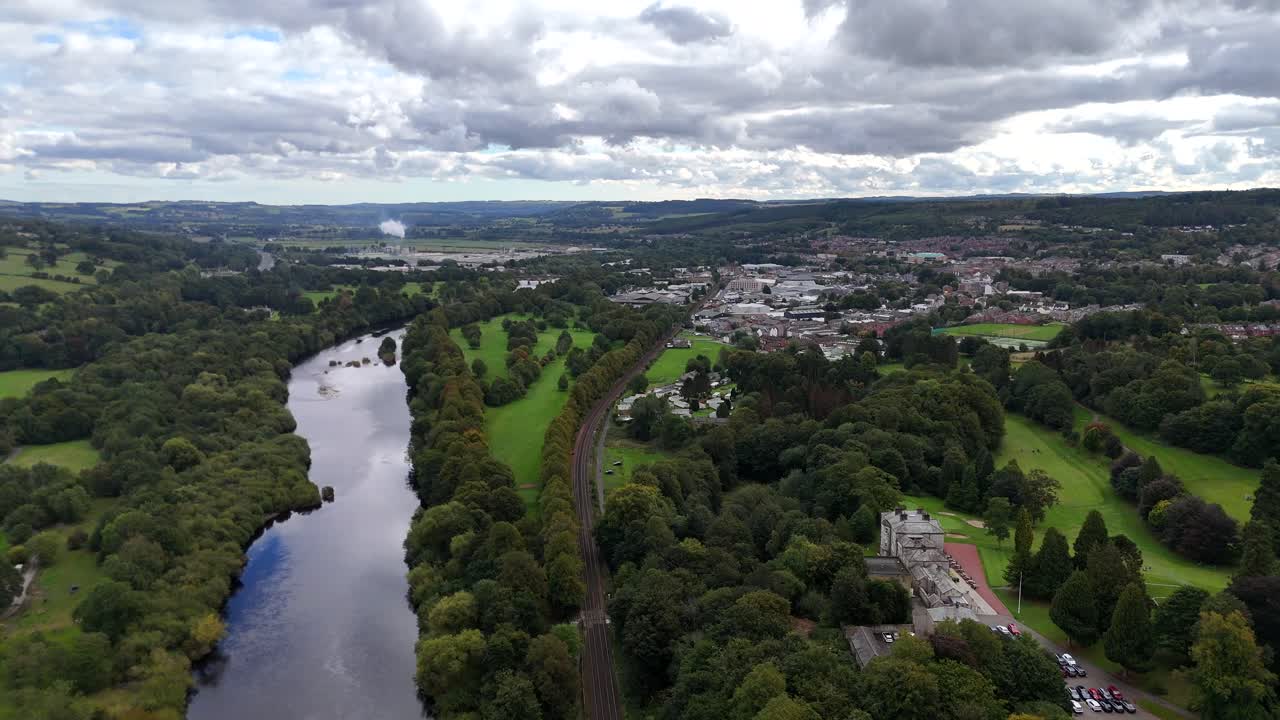 Aerial drone view bridge Hexham north east england countryside river tyne northumberland market town city british uk Tynedale