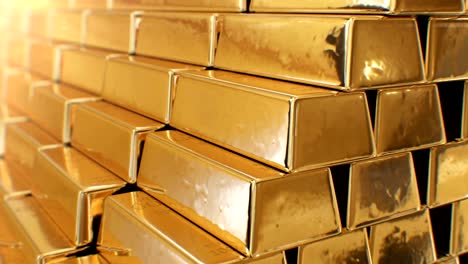 beautiful golden bullions making stair shining bright seamless. looped 3d animation of gold in bars with yellow reflections glowing. banking and wealth concept.