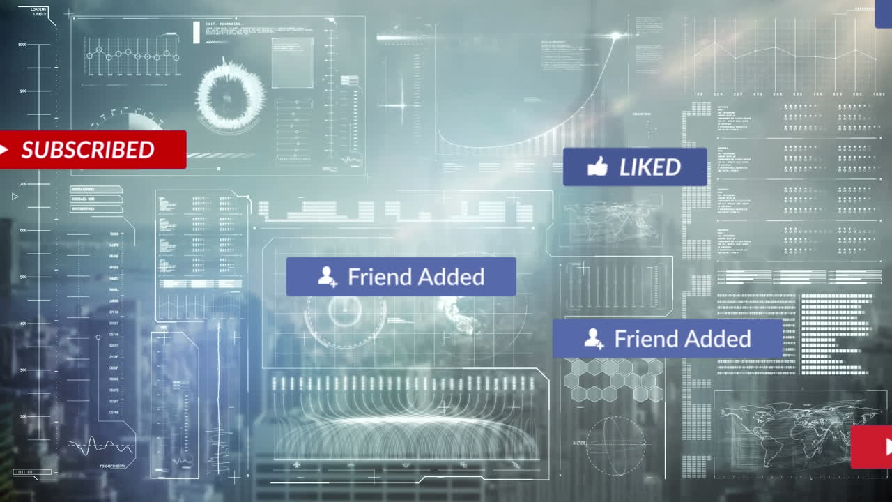 도시 풍경 위의 데이터 처리와 함께 배너에 대한 소셜 미디어 텍스트의 애니메이션