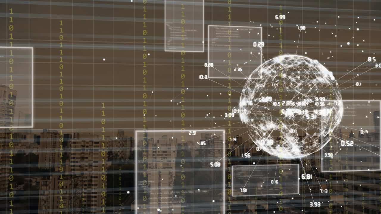 Animation of globe with connections and data over cityscape background