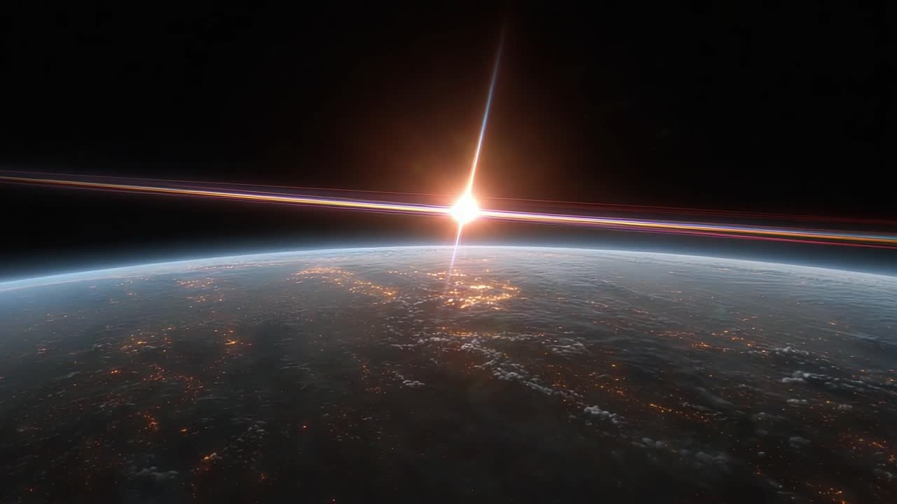 A Majestic Sunrise Over Earth: Witness the Splendor of a New Day as the Sun Rises from the Horizon, Illuminating the Planet with Brilliant Light and Color