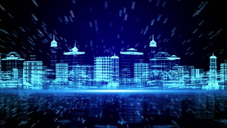 4k 3d computer network and data skyscrapers futuristic developed city loop background.