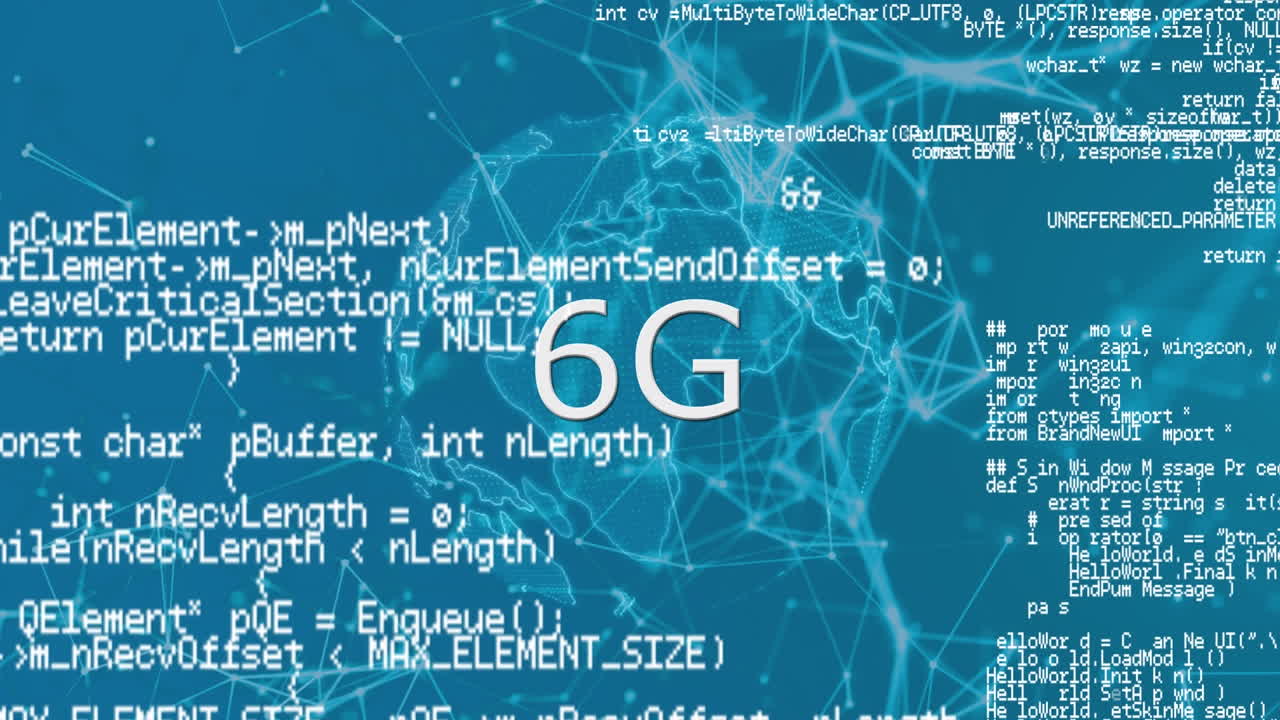 animación del globo con procesamiento de texto y datos 6g a través de una red de conexiones en fondo azul.