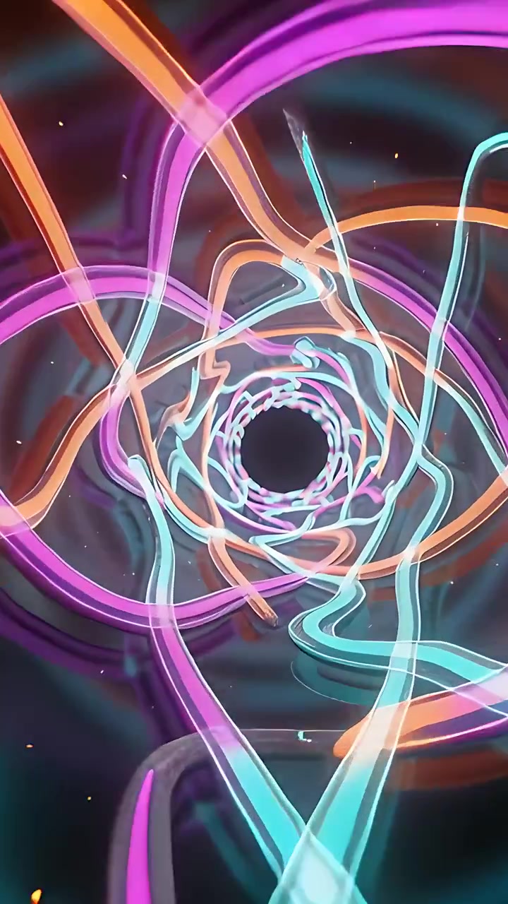 Video vertikal: Cincin konsentris berdenyut menarik pita yang berputar spiral ke dalam terowongan, menciptakan kekosongan