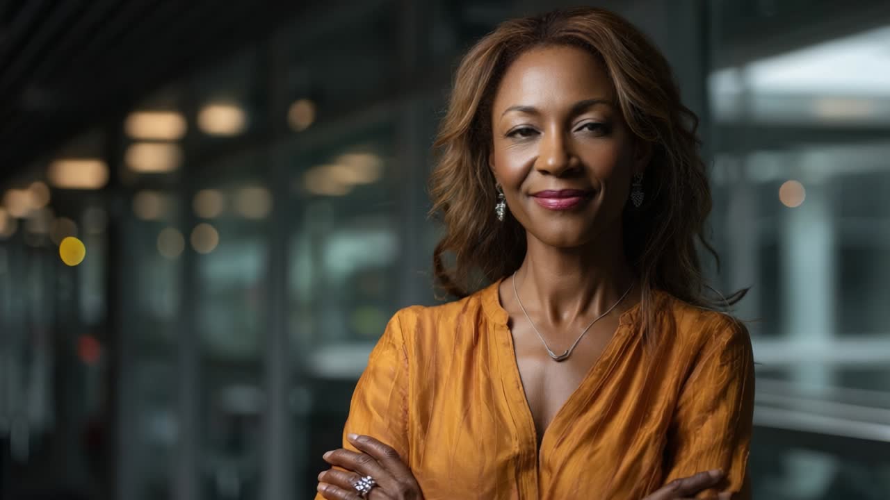 A confident and poised woman with long, wavy hair, wearing an elegant orange blouse, stands against a blurred backdrop, exuding grace and professionalism in a modern setting that highlights her charm