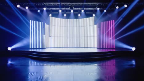 a brightly lit stage with spotlights and a modern backdrop