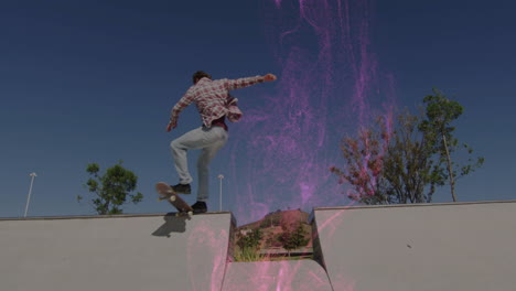 male skateboarder performing ollie trick in skatepark, showcasing tech-driven purple-pink effect
