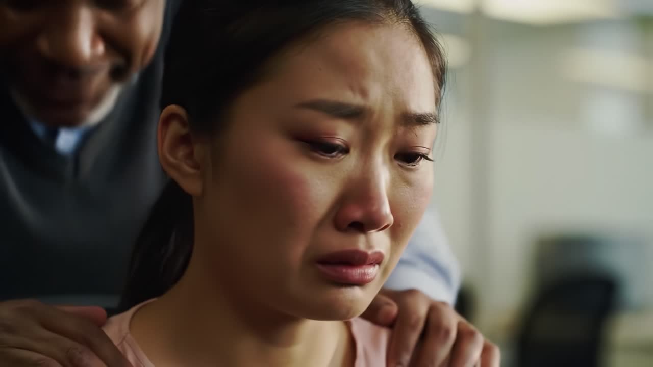 A woman sits at her desk visibly upset, tears streaming down her face. Colleagues surround her, unaware of her emotional turmoil. The setting highlights a busy office atmosphere.