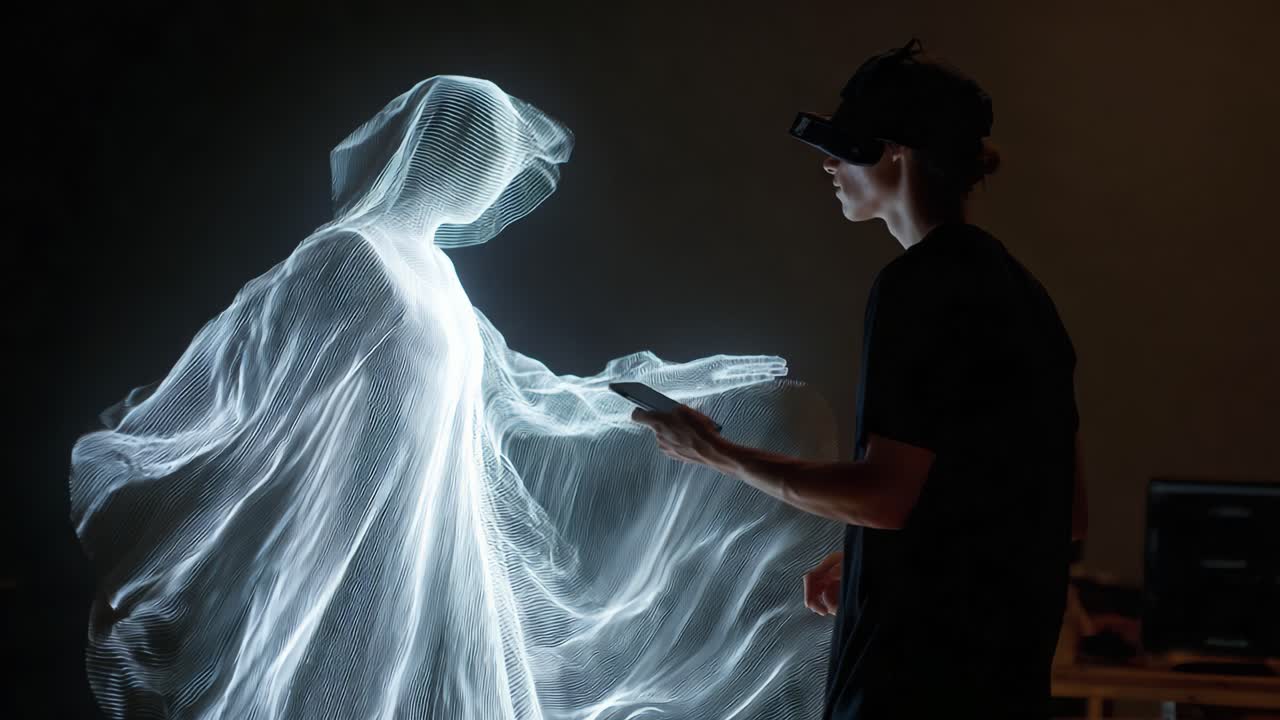 A Mysterious Encounter Between Technology and Illusion: An Individual Engaging with a Spectral Figure Representing Advanced Digital Artistry and Augmented Reality in a Dimly Lit Environment