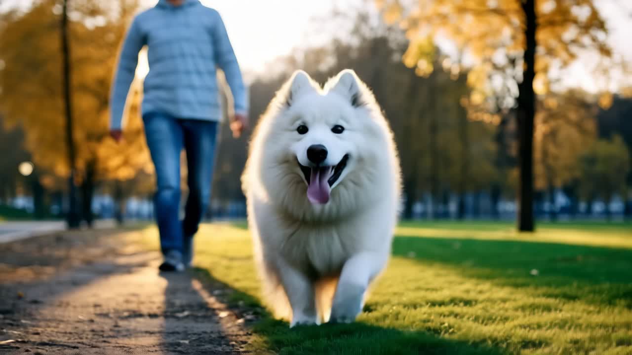 A joyful dog runs towards the camera in a sunny park, with a person walking behind