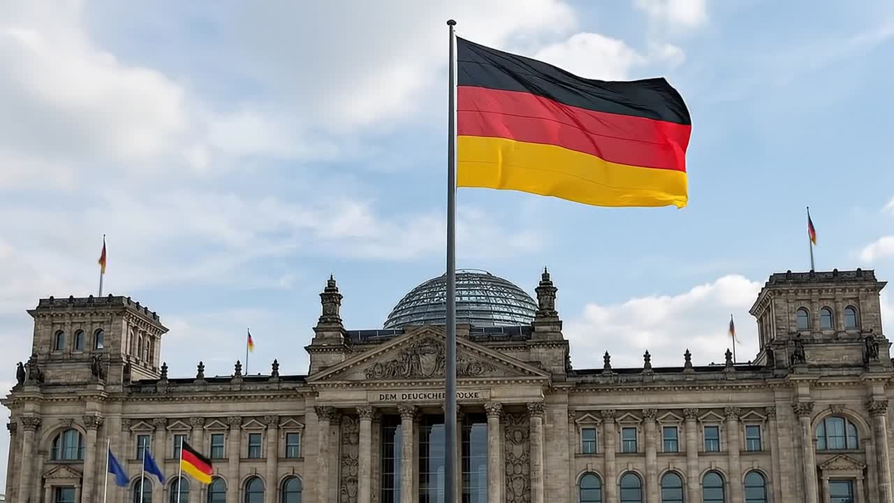 Bandiera tedesca che sventola davanti a un edificio storico del parlamento con cupola di vetro sotto un cielo nuvoloso, vista diurna