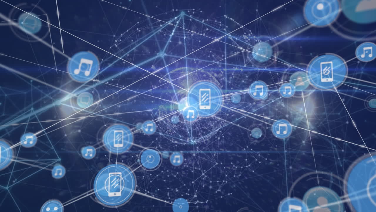 animación de una creciente red de iconos de medios y música que transfieren datos sobre un fondo azul