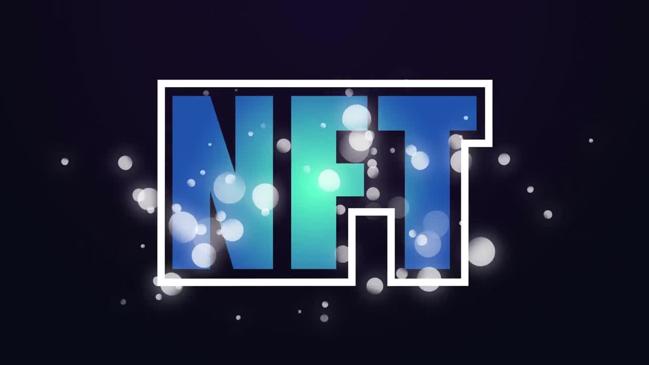 цифровая анимация текстового баннера nft над белыми пятнами света на черном фоне