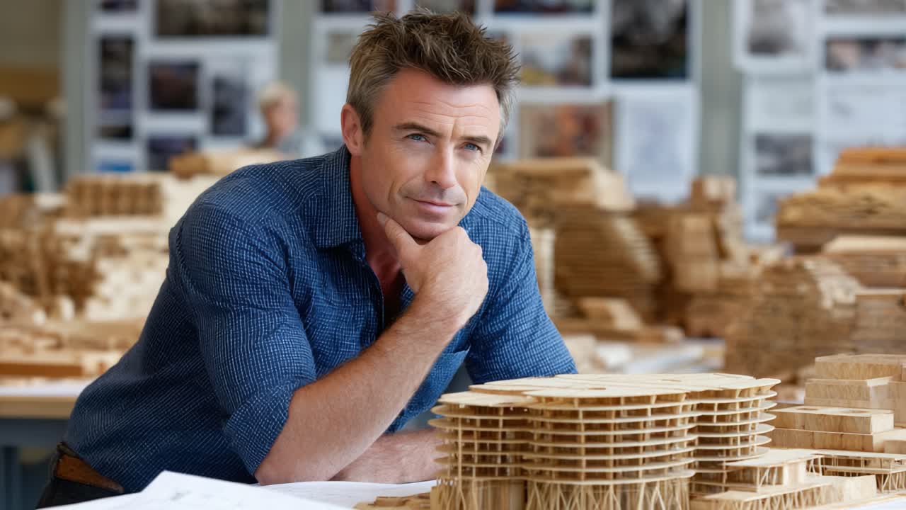 A Thoughtful Architect Examining Intricate Wood Models in a Design Studio Full of Creative Architectural Prototypes and Plans