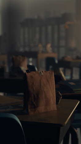 empty classroom with a lunch bag on a desk