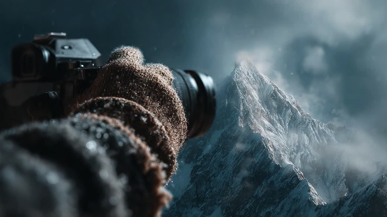 A Photographer Capturing the Majestic Snow-Capped Peak Amidst a Snowstorm, Showcasing the Beauty of Nature and Adventure in the Mountains