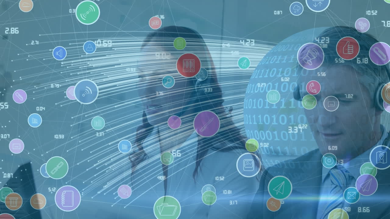 animación de la red de conexiones con iconos sobre personas de negocios que usan auriculares telefónicos