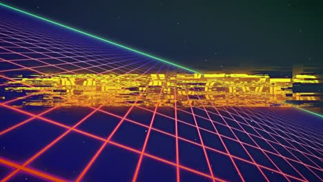 animación de un juego de neón parpadeante sobre texto sobre una cuadrícula rosada brillante