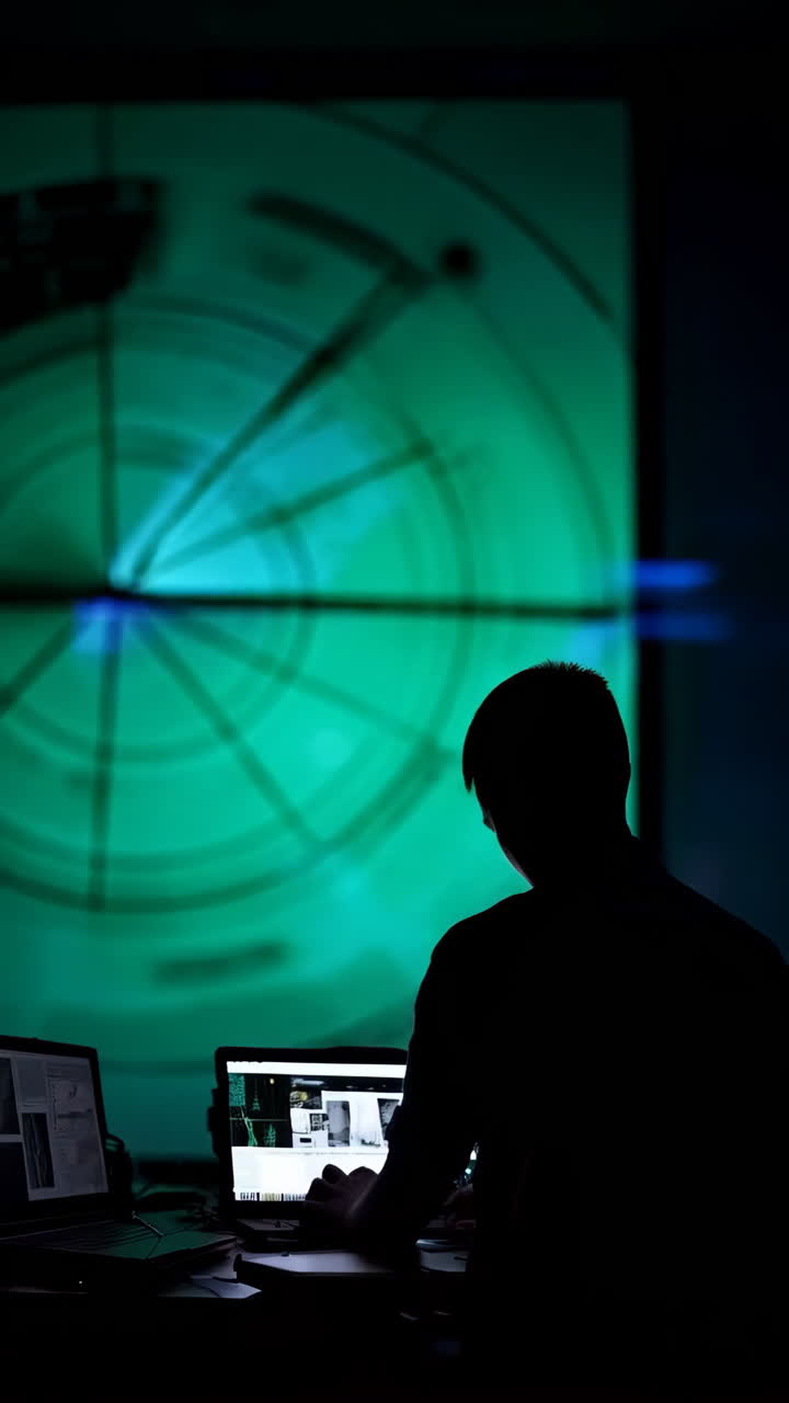 Person working on a laptop with a large green digital display in the background