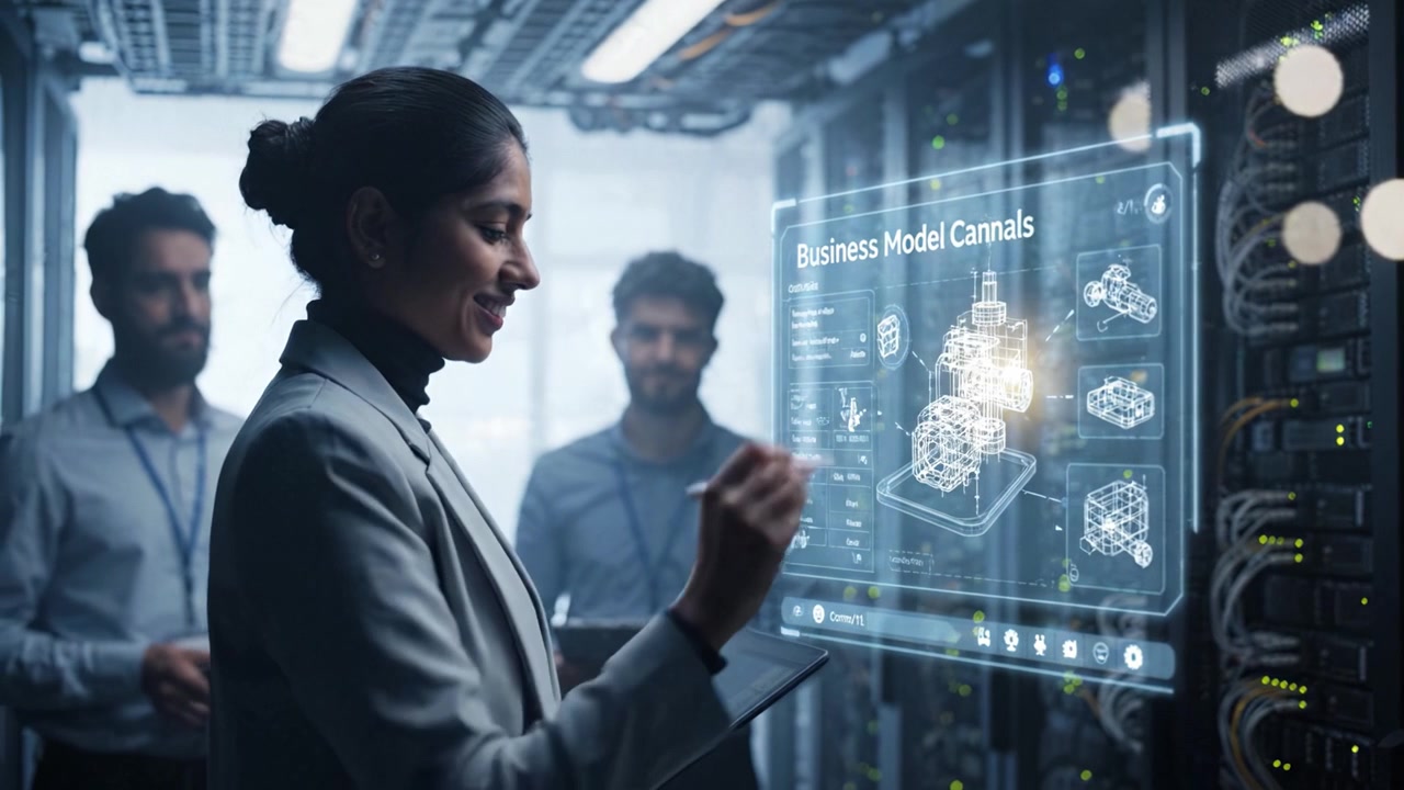 Innovative Professional Analyzing Business Model Canvases Using Advanced Digital Interfaces in a High-Tech Server Room Environment with Colleagues Observing