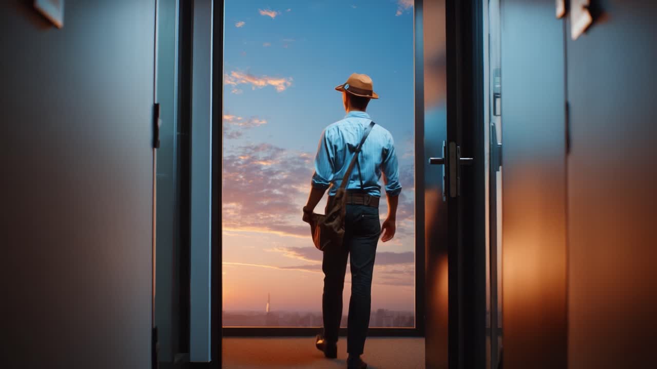 A Man Stands at a Doorway Overlooking a Vibrant Sunset, Surrounded by Modern Architecture, Capturing the Essence of Reflection and Opportunity on a Journey