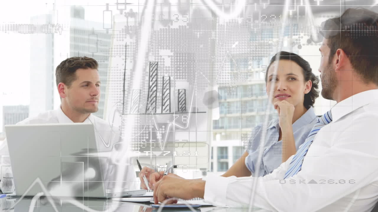 animación de estadísticas y procesamiento de datos financieros durante reuniones de negocios