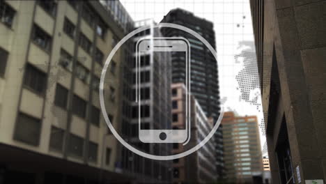 animating smartphone icon over tall buildings in urban cityscape background