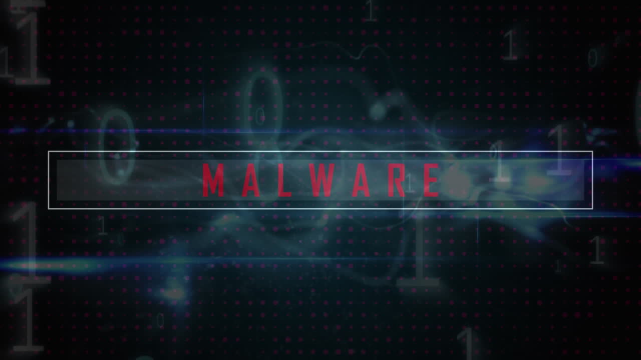 animación de texto de malware sobre código binario en fondo negro