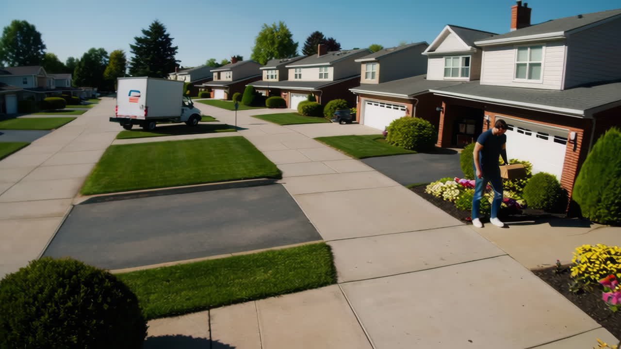 Man delivers or receives a package at a suburban home's front door