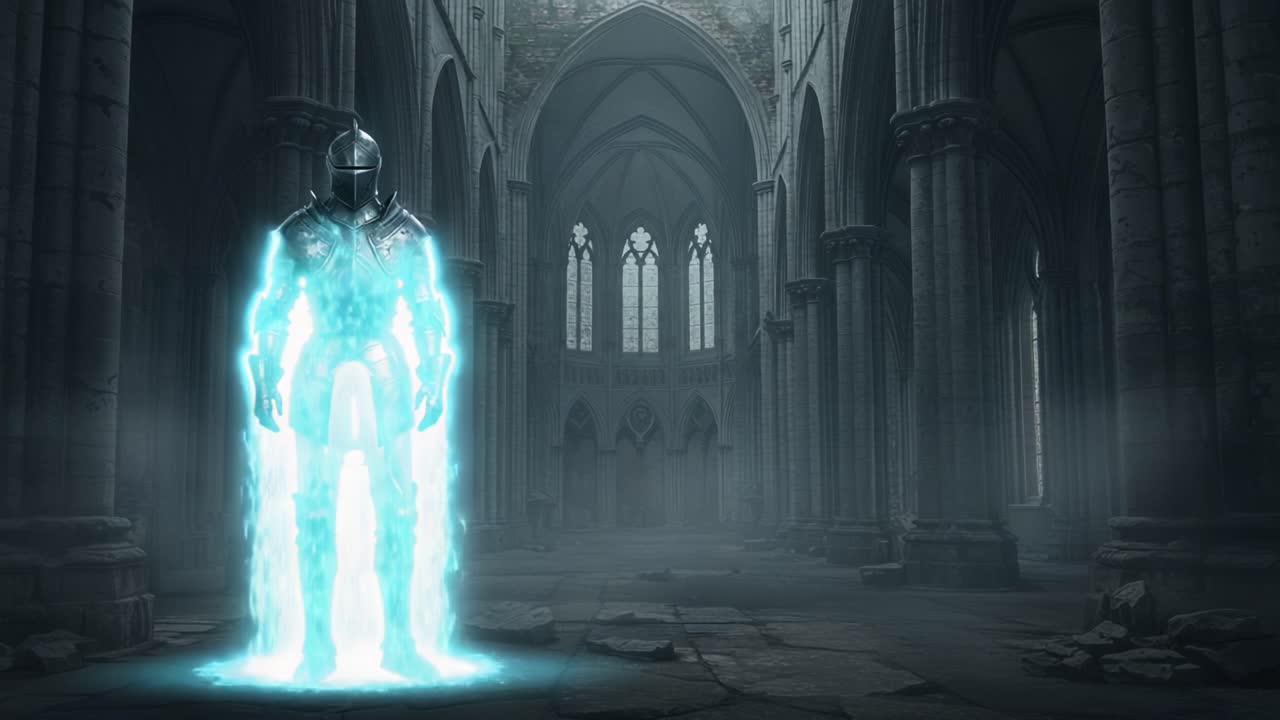 A Spectral Knight Emerges: Ethereal Armor in a Mystical Ruined Cathedral Surrounded by Fog and Shadows