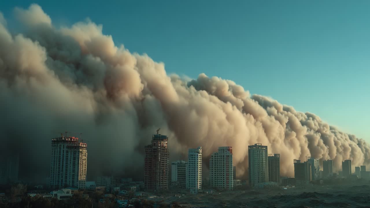 A Majestic View of an Approaching Dust Storm Over Urban Skyscrapers Captured in Two Frames Showing the Vastness and Power of Nature's Elements