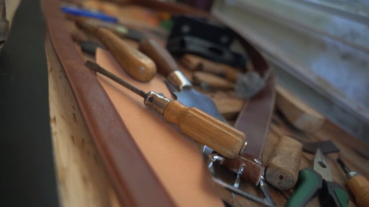 Leatherworker workshop tools lying around on a table close up shot