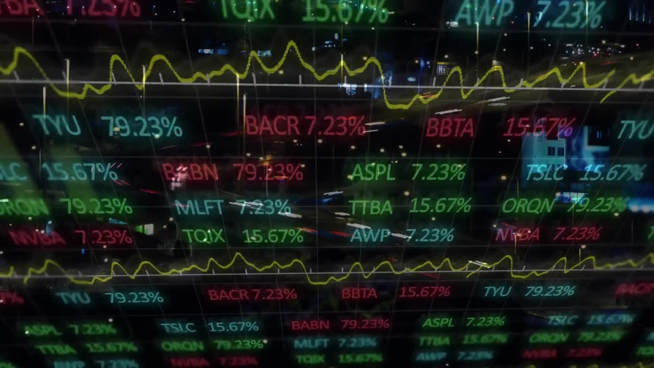 Animation of stock market data processing against time-lapse of night city traffic