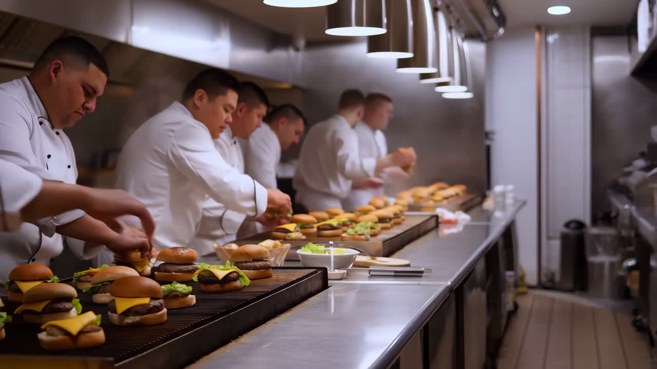Chefs preparing burgers in a restaurant kitchen